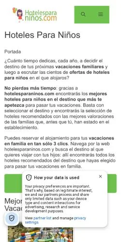 Aperçu du site Hoteles Para Niños, référencé pour publier un article sponsorisé