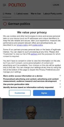 스폰서 기사 게재 매체로 등록된 POLITICO Europe 사이트 미리보기