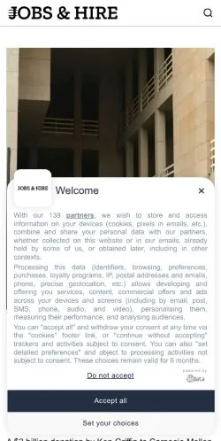 Vista previa del sitio Jobs & Hire, referenciado para publicar artículos patrocinados