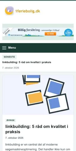 Vista previa del sitio 1feriebolig.dk, referenciado para publicar artículos patrocinados
