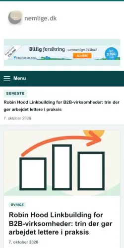 Pré-visualização do site Nemlige, referenciado para publicar artigos patrocinados