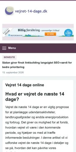 Vorschau der Website Vejret 14 Dage, gelistet für die Veröffentlichung gesponserter Artikel