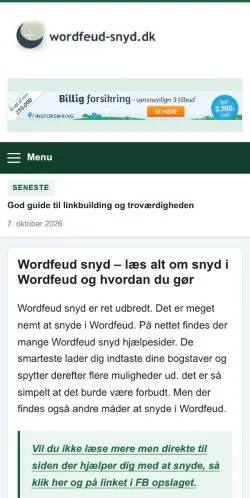Podgląd witryny Wordfeud Snyd, ujętej jako miejsce publikacji artykułów sponsorowanych