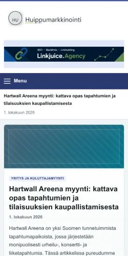 Forhåndsvisning av nettstedet Huippumarkkinointi, oppført for publisering av sponsede artikler