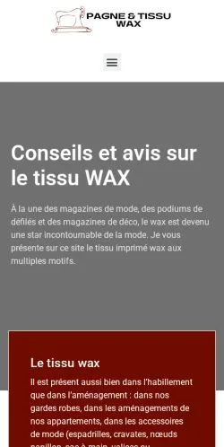 Vista previa del sitio Pagne et Tissu wax, referenciado para publicar artículos patrocinados